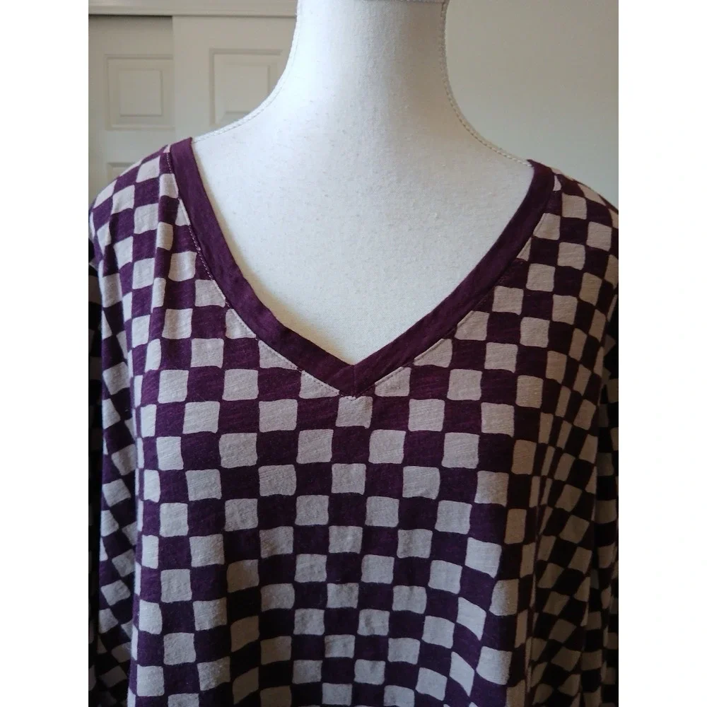 SONOMA Women Burgundy Plaid Long V-neck Sleeve‎ The Everyday Tee Shirt Top 2X
